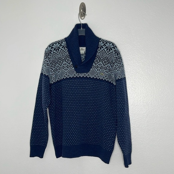 Lacoste Sweater Mens 3 Small Blue Nordic Wool Blend Shawl Collar Knit Pullover - Picture 1 of 6